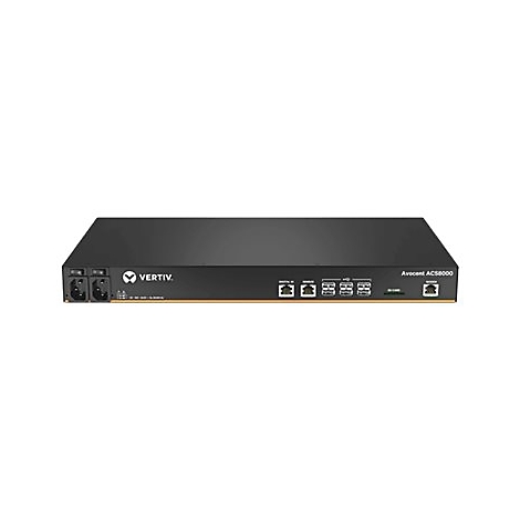 Ein schwarzes IT-Gerät der Marke Vertiv. Auf der Vorderseite sind Anschlüsse, Ports und die Bezeichnung Avocent ACS8000 zu sehen.