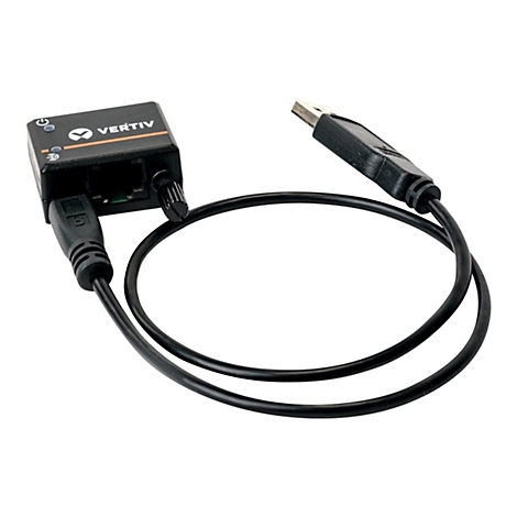 Appareil Vertiv noir avec câbles et connecteurs. Le connecteur USB se connecte à l'appareil. Inscription "VERTIV".