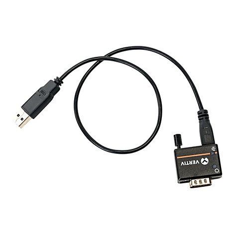 Un câble de données noir se terminant par un connecteur USB et un connecteur série, avec le logo 'Vertiv'.