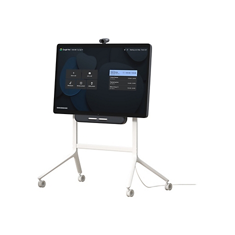Ein freistehendes Google Meet Board auf einem weißen, rollbaren Ständer. Auf dem Display ist ein Menü mit Optionen wie "Start a call", "Join a call", und Termine zu sehen.