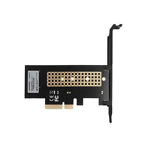 Schwarze PCIe-Adapterkarte für NVMe M.2 SSDs mit goldfarbenem Kühlbereich und Slotblech vor weißem Hintergrund.