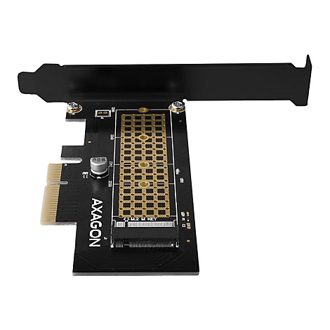 Schwarze Axagon PCIe-Adapterkarte für M.2 NVMe SSDs auf weißem Hintergrund.