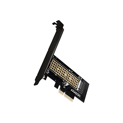 Schwarze Axagon M.2 NVMe PCIe Adapterkarte auf weißem Hintergrund.