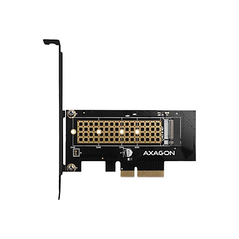 Schwarze Axagon M.2 NVMe SSD PCIe-Adapterkarte auf weißem Hintergrund.
