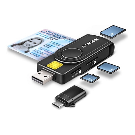 Schwarzer Axagon Kartenleser mit USB-Stecker, Chipkartenleser-Funktion, verschiedenen Speicherkarten und ID-Karte.