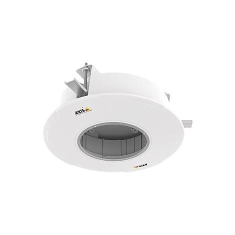 Caméra blanche avec support. LOGO en dessous. Forme ronde avec intérieur gris.