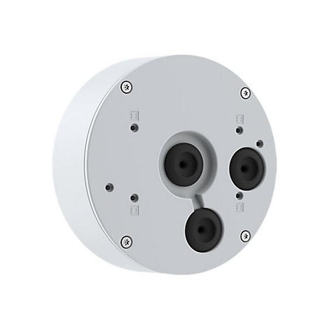 Gros plan d'une caméra ronde blanche avec trois connecteurs noirs et des vis.