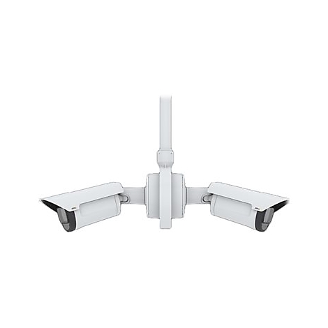 Deux caméras de sécurité blanches, montées sur un support, pointant dans différentes directions.