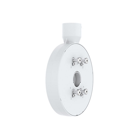 Appareil blanc et rond avec support. Fixation cylindrique en haut, vis et ouverture à l'avant.