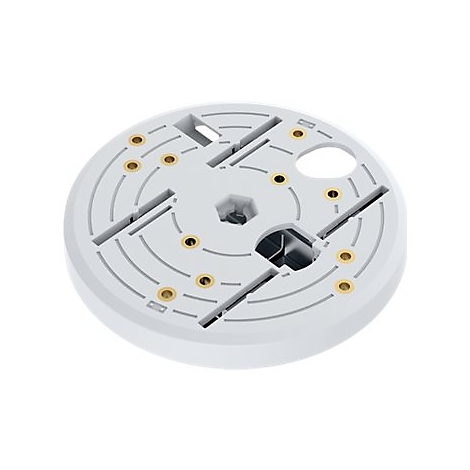 Support rond gris clair avec trous de vis dorés et découpes.