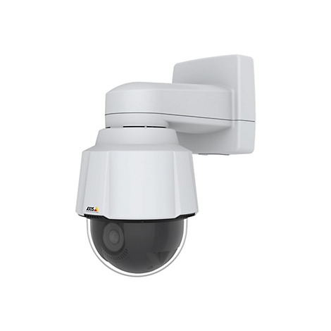 Une caméra de sécurité blanche avec un dôme noir, et le logo Axis. Elle est montée sur un support mural blanc.