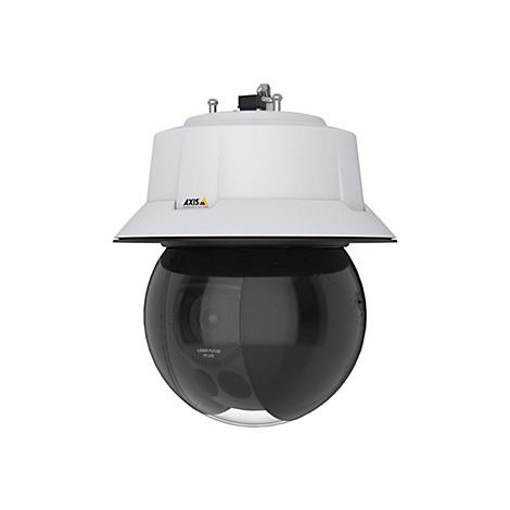 Une caméra de surveillance blanche, sphérique avec un dôme noir, portant l'inscription "LASER FOCUS IR LED".