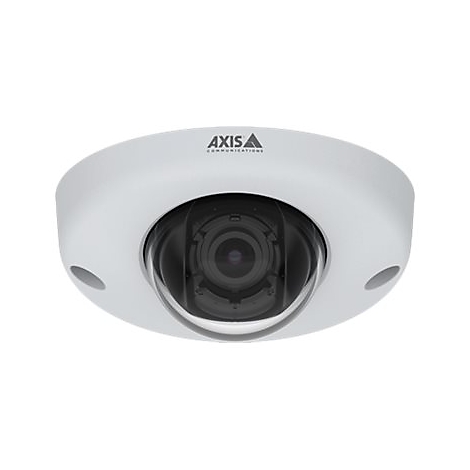 Caméra dôme blanche, boîtier d'objectif noir. Le haut porte les mots "AXIS COMMUNICATIONS".