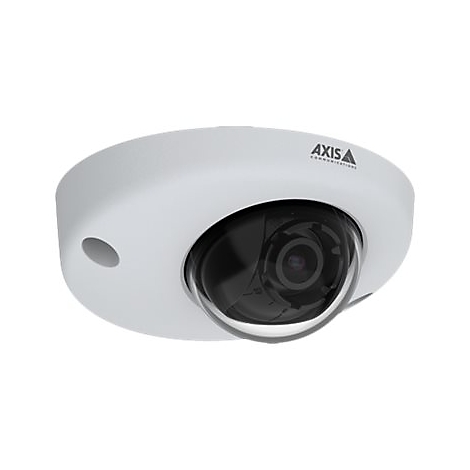 Caméra de surveillance blanche avec dôme noir, logo AXIS.