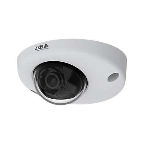 Caméra de sécurité blanche avec une lentille sombre hémisphérique et le logo "AXIS COMMUNICATIONS".