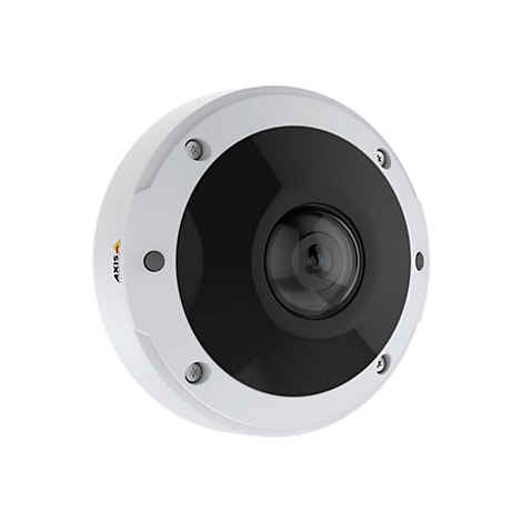 Caméra de surveillance ronde, blanche avec objectif noir. Logo de l'entreprise, trois vis et un microphone sont visibles.