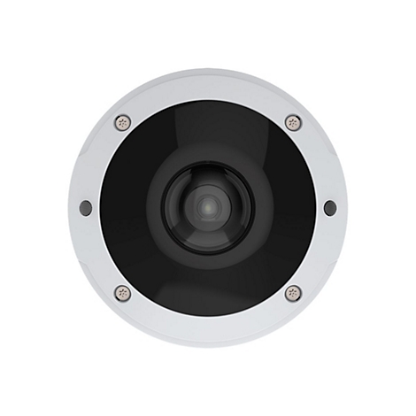 Gros plan d'une caméra de sécurité blanche. Ronde, avec objectif noir et vis argentées.