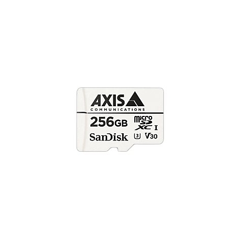 Une carte MicroSD blanche avec du texte noir. Elle affiche la marque Axis Communications, 256 Go, SanDisk et d'autres symboles.