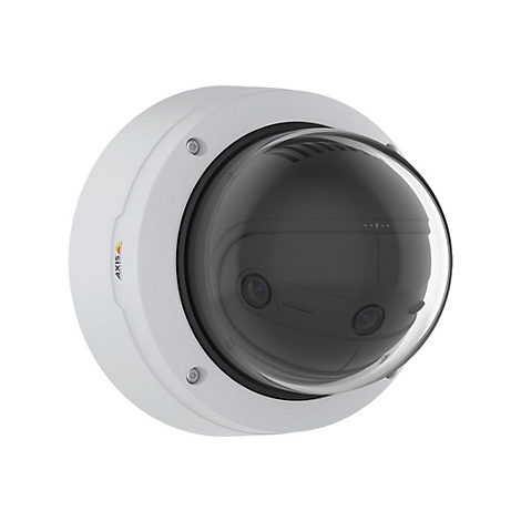 Caméra de surveillance blanche avec dôme noir et logo 'AXIS'.