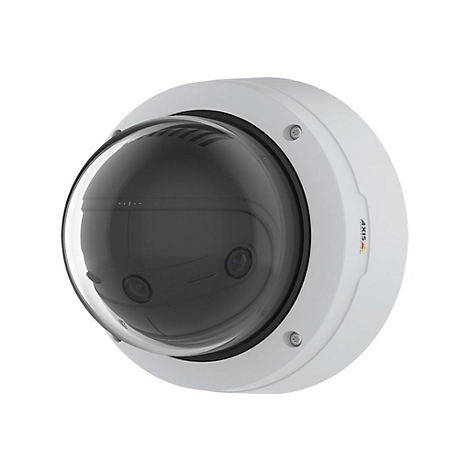 Une caméra de surveillance blanche et ronde avec un dôme en verre. Des logos sont visibles.