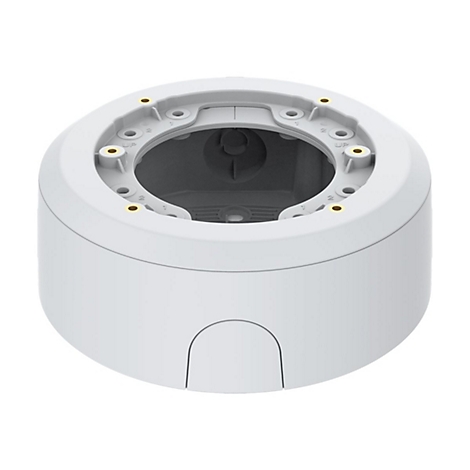 Boîtier cylindrique gris clair avec ouvertures encastrées. En haut, un cadre avec des trous de vis et l'inscription UP.