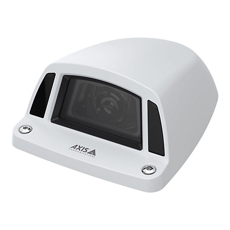 Caméra de sécurité blanche avec zone de caméra noire et accents latéraux. Le logo "Axis Communications" est visible.