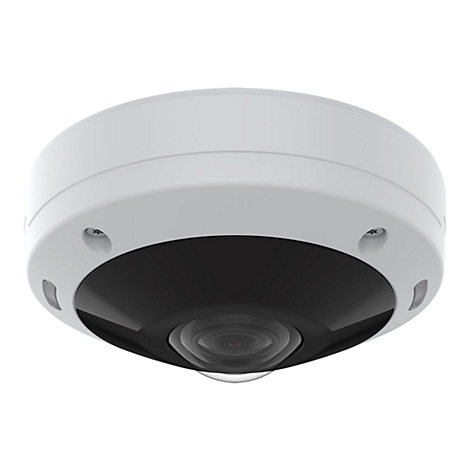 Une caméra de sécurité blanche et ronde, prise de vue d'en bas. Elle a un objectif noir et de petites lumières rondes.