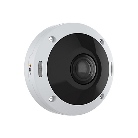 Caméra de surveillance ronde, boîtier blanc, champ de lentilles noir, marque Axis, vis argentées.