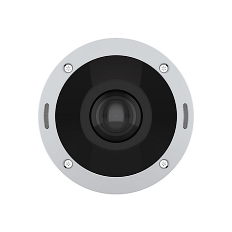 Gros plan d'une caméra de sécurité ronde et grise. L'objectif est noir, entouré d'un cadre gris avec des vis et des trous pour le haut-parleur.