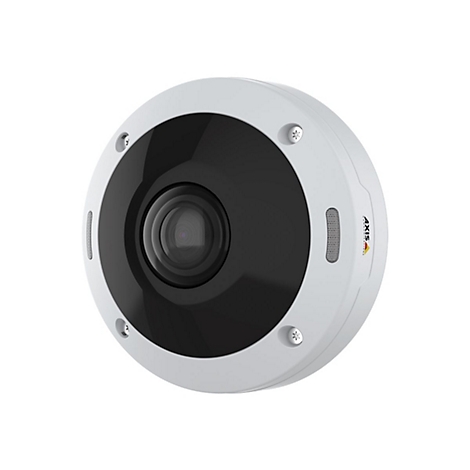 Caméra de surveillance ronde, boîtier blanc, objectif noir, vis argentées. Avec le logo Axis.