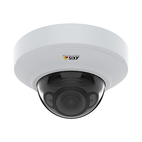 Caméra de sécurité blanche avec dôme noir. Logo AXIS.