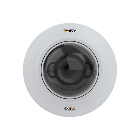 Une caméra de sécurité AXIS blanche avec un boîtier rond et un objectif noir. Le logo est visible en haut et en bas.