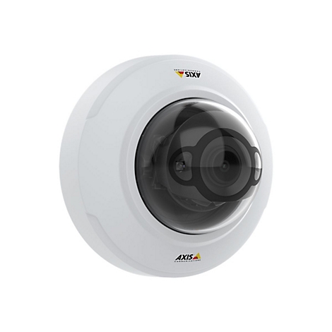 Caméra de sécurité blanche avec objectif noir, logo de la marque.