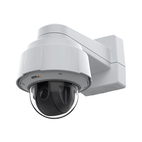Caméra de sécurité blanche sur un support mural avec objectif en dôme transparent, logo Axis Communications.
