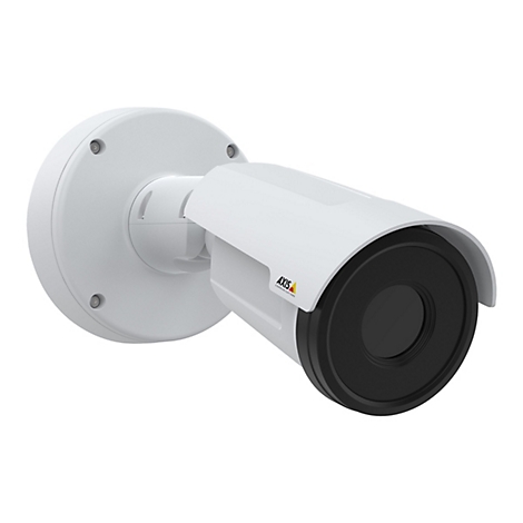 Gros plan sur une caméra de sécurité blanche avec un objectif noir. Le nom de l'entreprise "Axis Communications" est visible sur le boîtier.