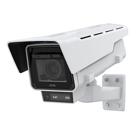Caméra de sécurité blanche avec objectif noir et support, logo 'AXIS COMMUNICATIONS'.