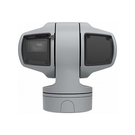 Tête de caméra à cardan grise avec deux caméras noires et un objectif.