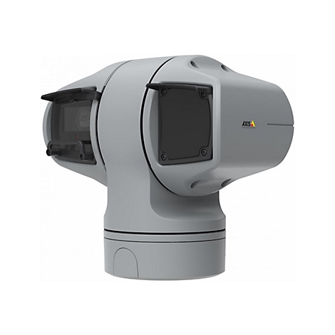 Caméra de surveillance grise avec deux lentilles et protection solaire. Inscription AXIS COMMUNICATIONS.