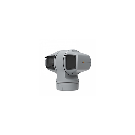 Graue Überwachungskamera mit zwei Linsen und Sonnenblenden. Das AXIS-Logo ist sichtbar.