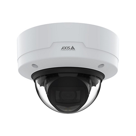 Caméra de sécurité blanche avec dôme noir et logo.