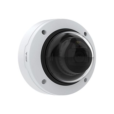 Caméra de sécurité blanche avec dôme noir, vis, logo de l'entreprise.