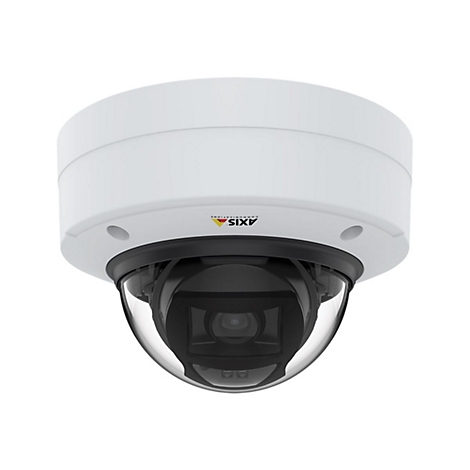 Caméra de surveillance blanche avec objectif noir et dôme. Le logo 'AXIS COMMUNICATIONS' est visible.