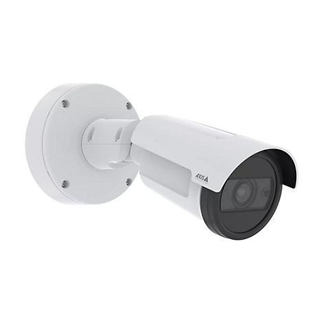 Une caméra de sécurité blanche avec un objectif noir, montée sur un support rond. "AXIS COMMUNICATIONS" est inscrit sur la caméra.