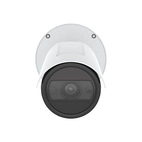 Gros plan d'une caméra de surveillance blanche avec un objectif noir, montée sur un support blanc rond.