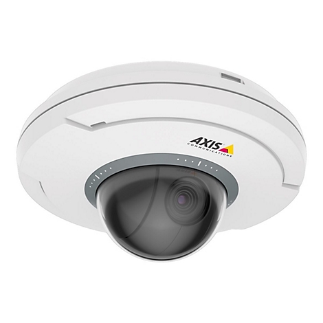 Caméra de surveillance blanche et ronde avec dôme noir et logo AXIS.