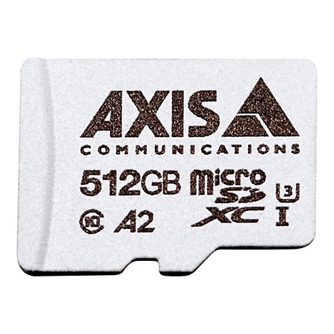 Une carte micro SD blanche avec des lettres marron. On peut lire AXIS COMMUNICATIONS, 512 Go micro SDXC I et d'autres symboles.