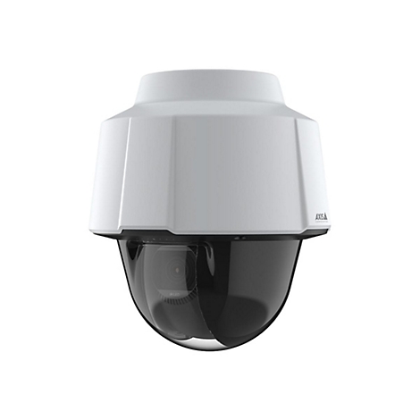 Caméra de surveillance blanche avec dôme noir, lumières LED infrarouges et logo AXIS.
