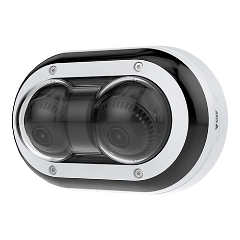 Double caméra dans un boîtier ovale, blanc et noir. Deux lentilles dans un dôme en verre, vis et logo de la marque.