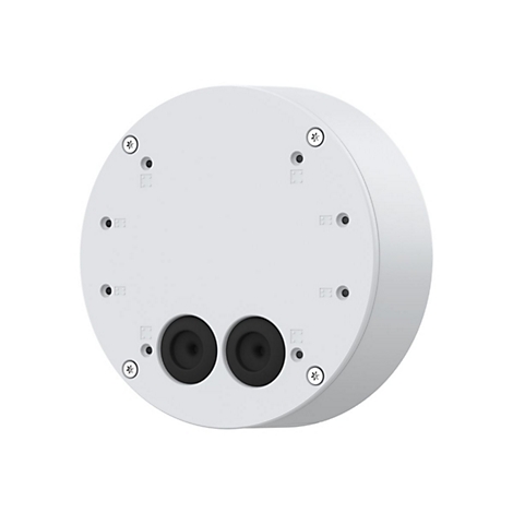 Gros plan d'une caméra ronde blanche avec deux ouvertures noires en bas. Des vis et des points de fixation sont visibles.