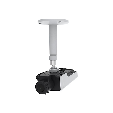 Caméra sur support de plafond. Objectif et boîtier noirs, support blanc, isolé.
